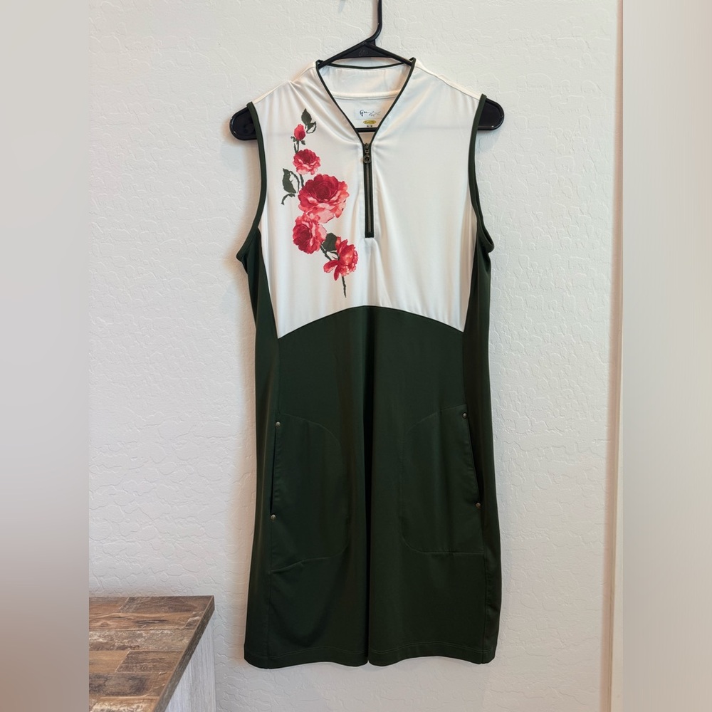 Greg Norman Women's American Beauty Tulip Collar Dress Green/White Size Medium